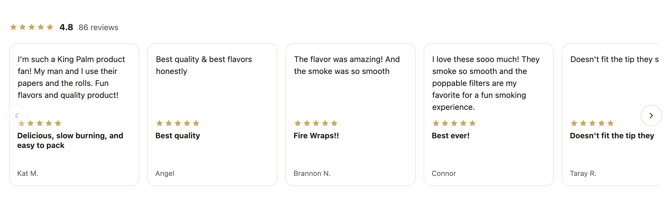 The King Palm review widget on a product page, showing 4.8 stars from 86 reviews and a row of review cards
